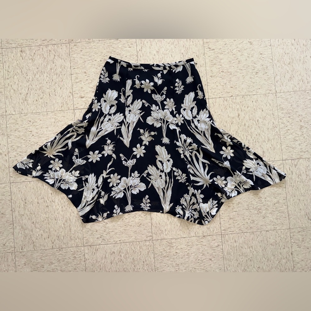 LOFT Black and Cream Floral Skater Skirt